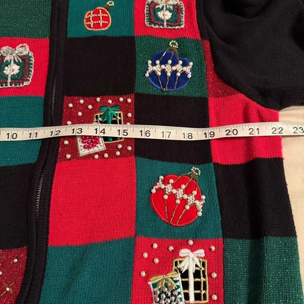 Vtg Victoria Jones Womens Sz XL Black Red Full Zip Christmas Sweater Grandmacore - Picture 8 of 9